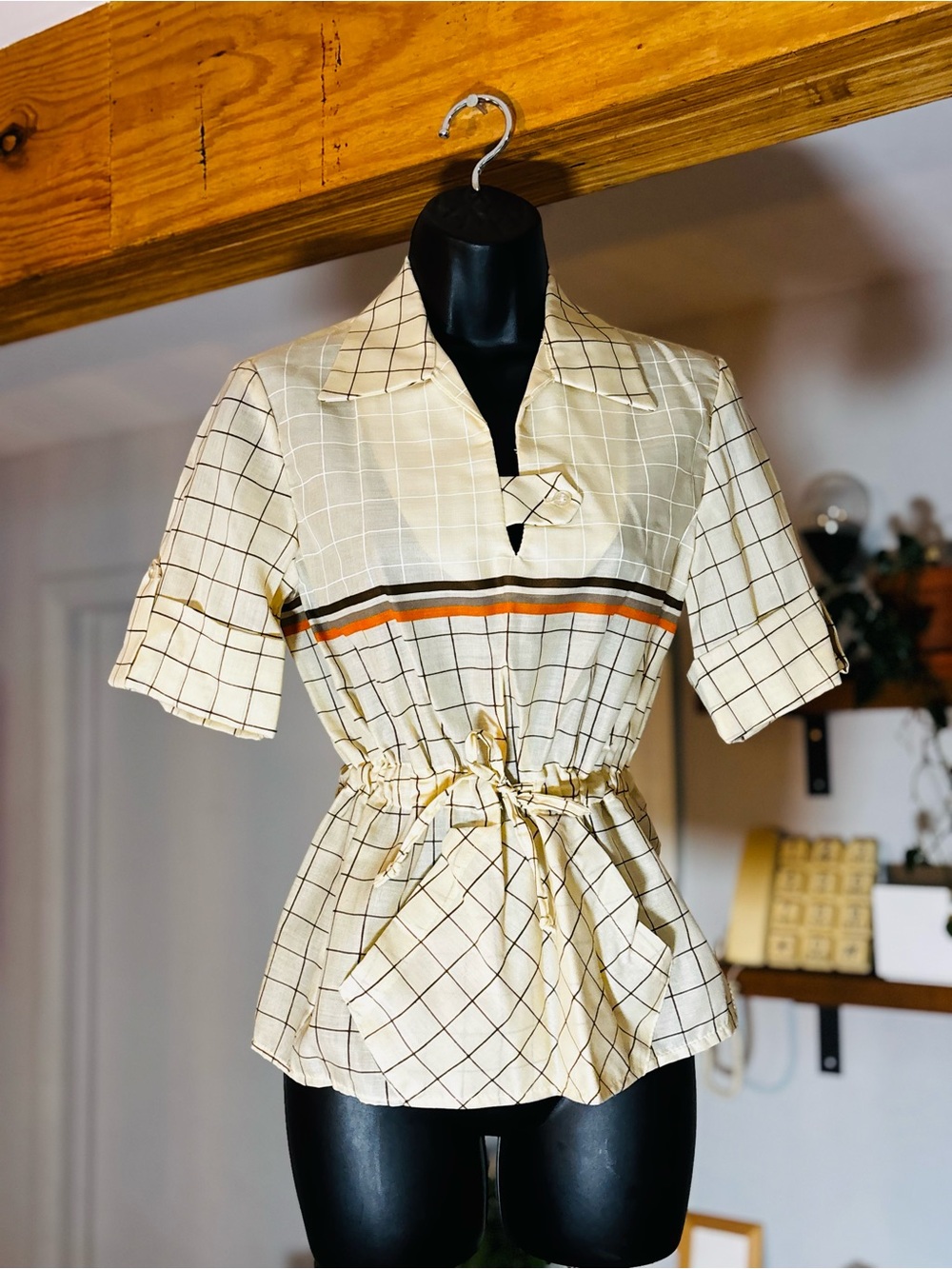 Vintage 1970s Dark Brown Orange Plaid Shirt Top Deadstock Pristine Condition